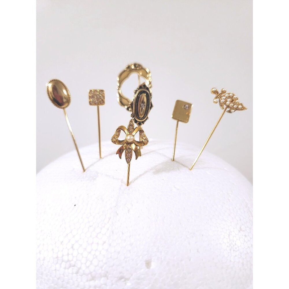 Vintage Gold Tone Hat Pins: Faux Pearl & Rhinestone Floral Stick Pins